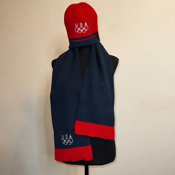 USA OLYMPICS Reversible Beanie Hat Scarf Set Red White Blue Unisex